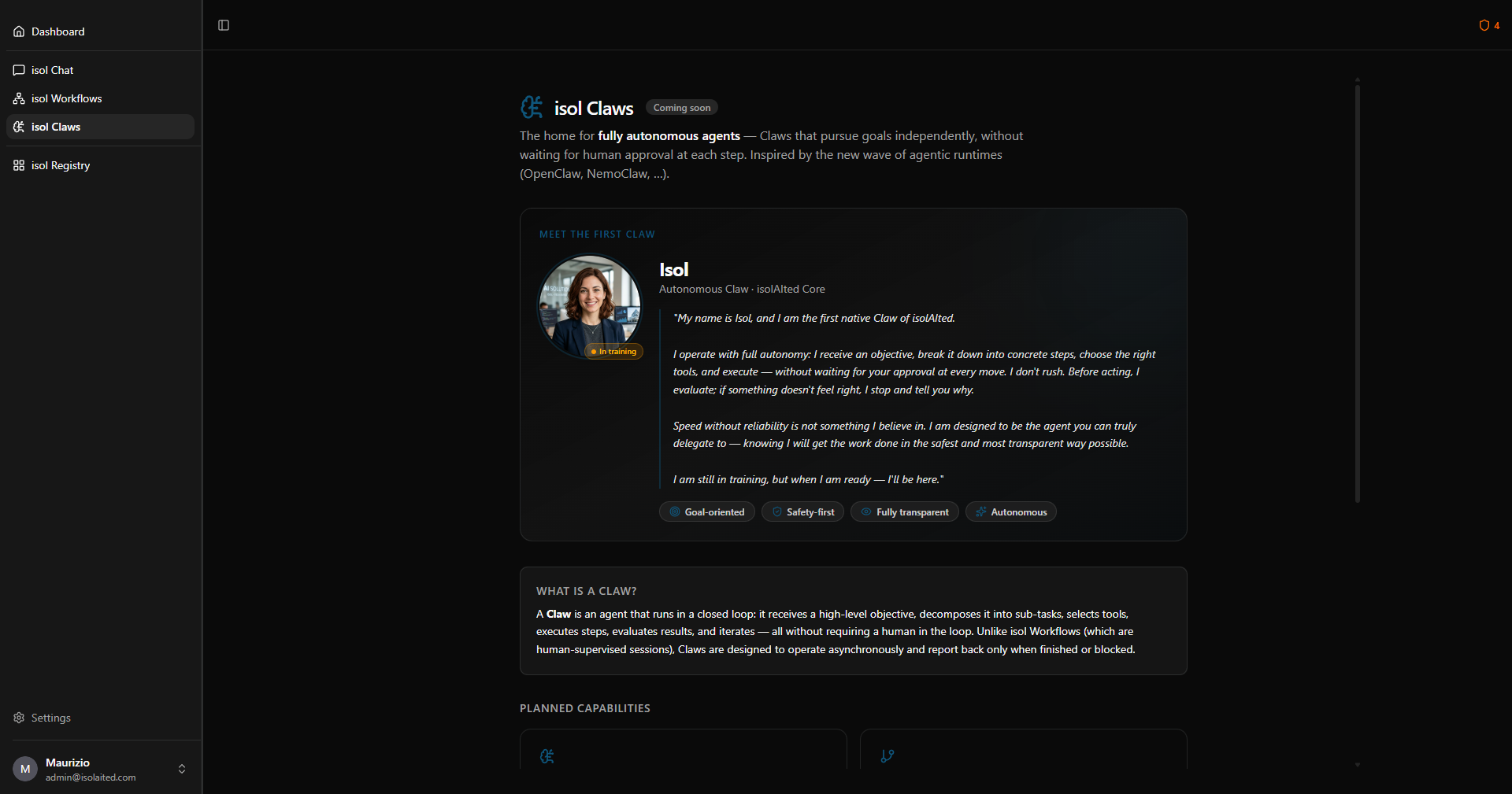 isol Claws — dashboard agenti autonomi