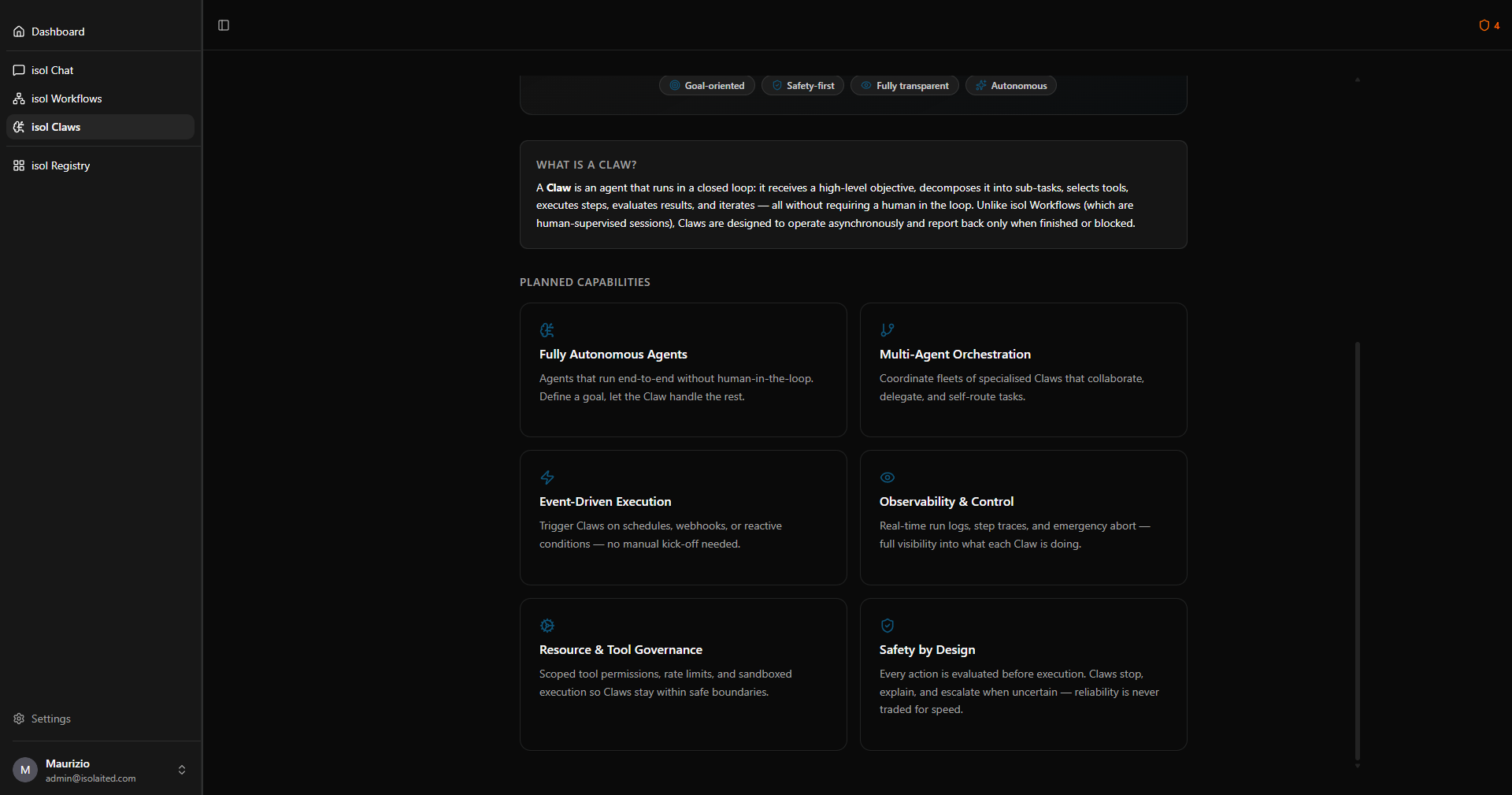 isol Claws — dashboard automazioni
