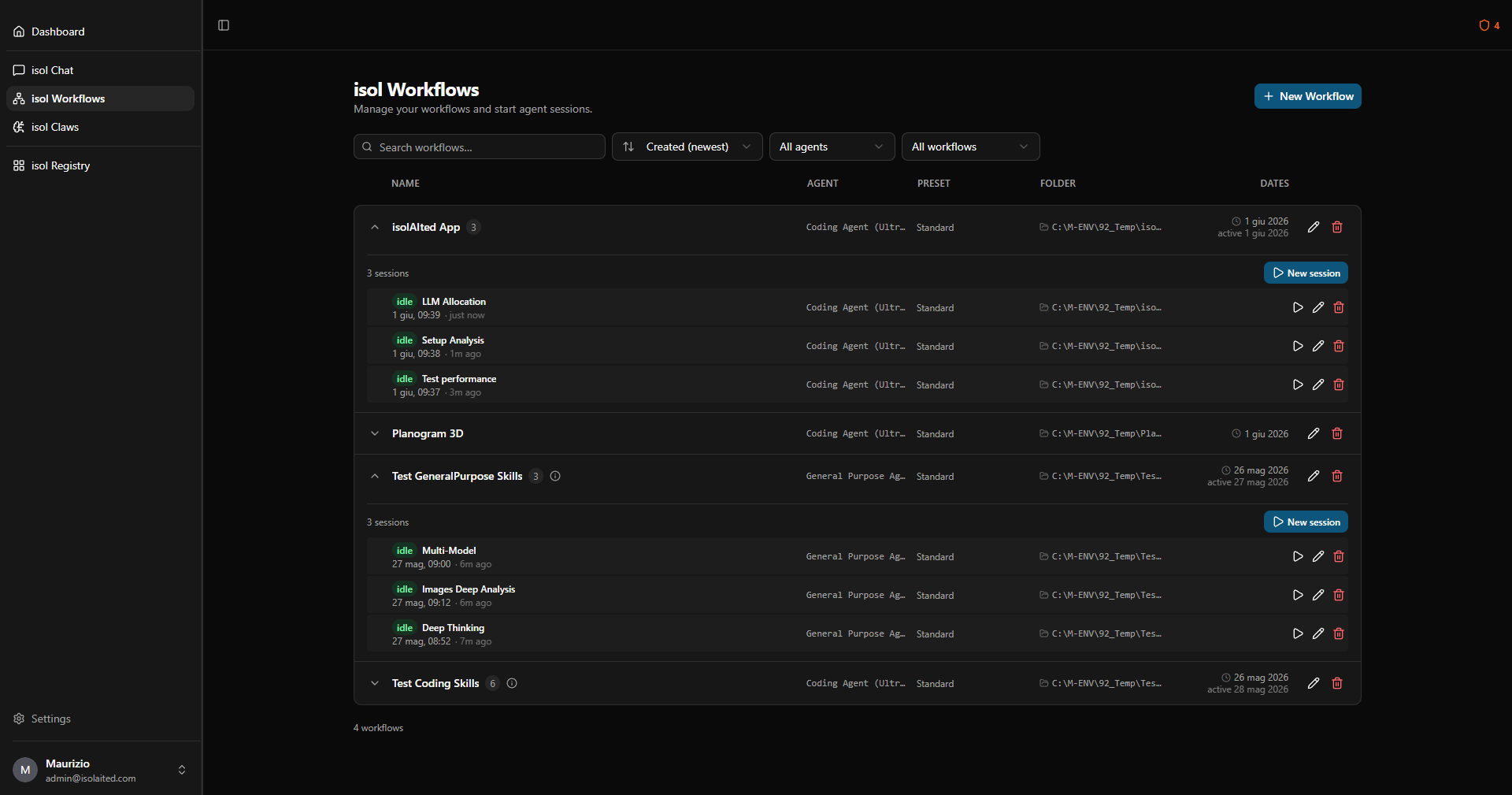 isol Workflows — editor workflow agentici
